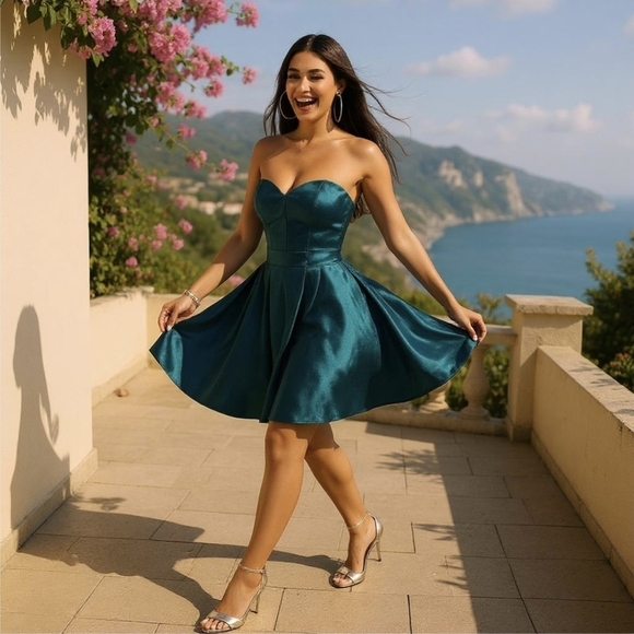 Fashion Nova ✦ Teal Satin Mini Dress ✦ Strapless Sweetheart Fit & Flare ✦ Size M - Picture 8 of 11